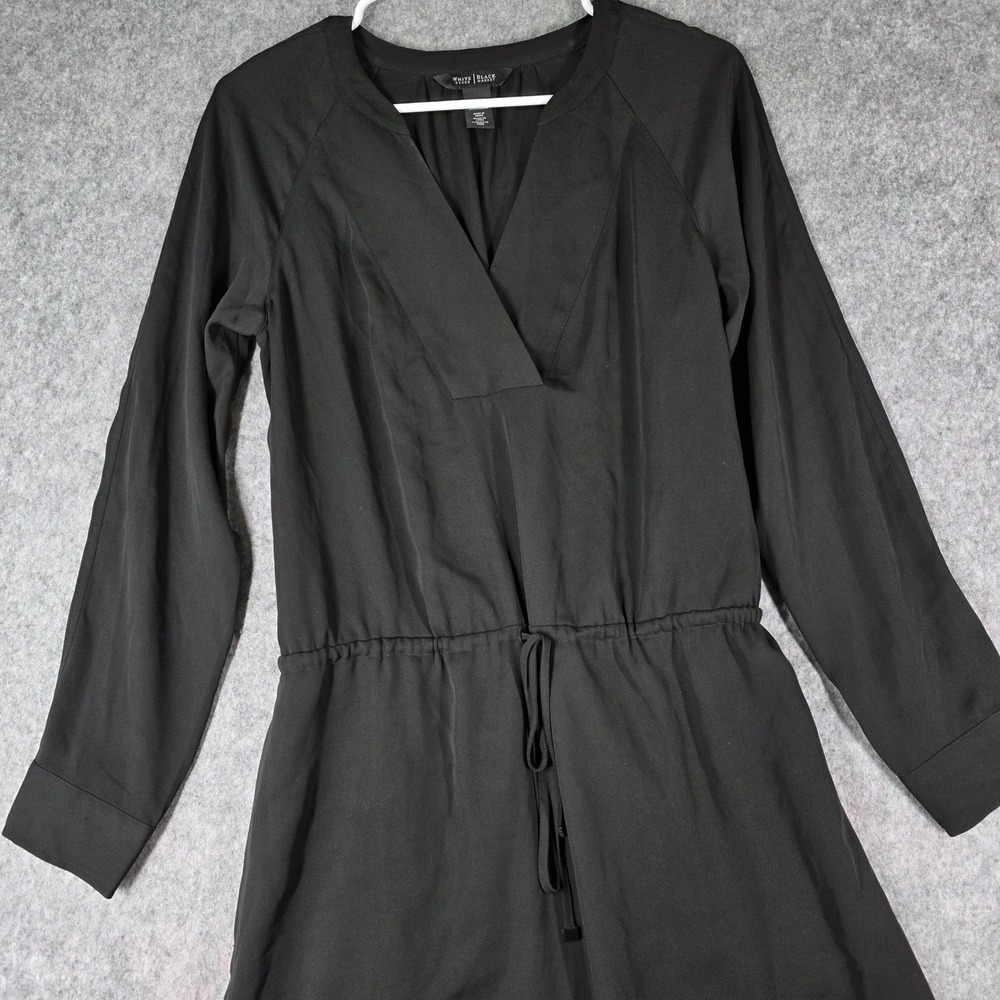 White House‎ Black Market Shift Dress Black Long Sleeve Drawstring LBD sz 4 WHBM - Picture 2 of 9